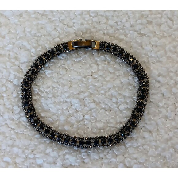 Dainty Gothcore Black Prong Set Rhinestone Gunmetal Bead Ball Bracelet 7.5 in - Picture 1 of 11
